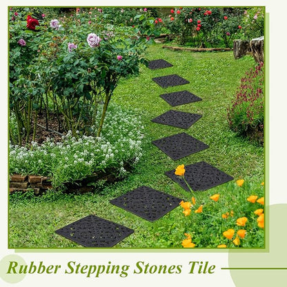 Pangda 8 Pcs Rubber Stepping Stones Outdoor Garden Walkway, 12 x 12 Inch Heavy Duty Pathway Pavers Retro Decorative Stepping Stones for Outside Landscaping Yard Lawn Path(Black,Cross Square)