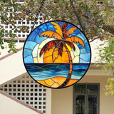 DASTOLL Stained Glass Window Hanging 4 Pcs Set Blue Orange Ocean Beach Theme Large 15" - Suncatcher Door Garden Sun Catcher Decor Birthday Christmas for Mom Woman Nana Men Wife