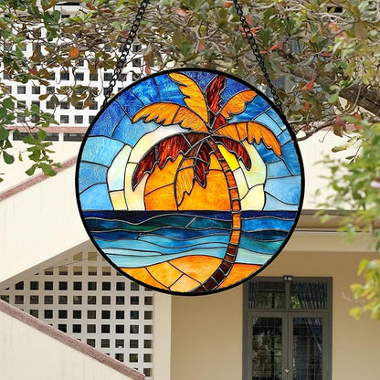 DASTOLL Stained Glass Window Hanging 4 Pcs Set Blue Orange Ocean Beach Theme 9.8" - Suncatcher Door Garden Sun Catcher Decor Birthday Christmas for Mom Woman Nana Men Wife