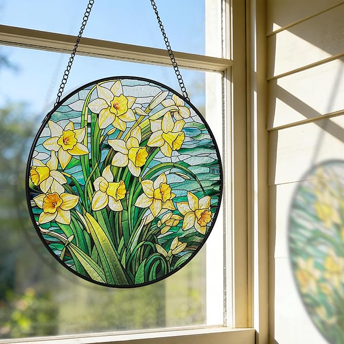 AELS Stained Glass 7.87" Round Suncatcher, Colorful Sun Catcher for Home Garden Window Decor, Window Hanging Ornament Gift for Friends and Family, Yellow Blossom