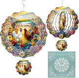Chicken Wind Spinner Outdoor, Farmhouse Gift for Mom Women, Hanging Metal Wind Catcher with 3" Rooster Center Pendant, 12" 3D Stainless Steel Kinetic Art for Garden Yard