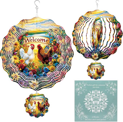 Chicken Wind Spinner Outdoor, Farmhouse Gift for Mom Women, Hanging Metal Wind Catcher with 3" Rooster Center Pendant, 12" 3D Stainless Steel Kinetic Art for Garden Yard