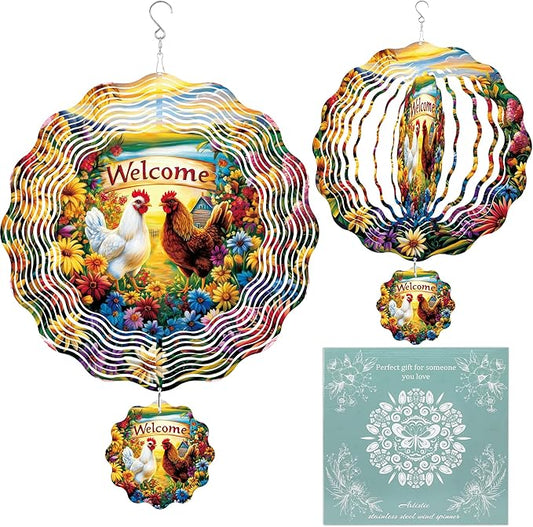 Chicken Wind Spinner Outdoor, Farmhouse Gift for Mom Women, Hanging Metal Wind Catcher with 3" Rooster Center Pendant, 12" 3D Stainless Steel Kinetic Art for Garden Yard