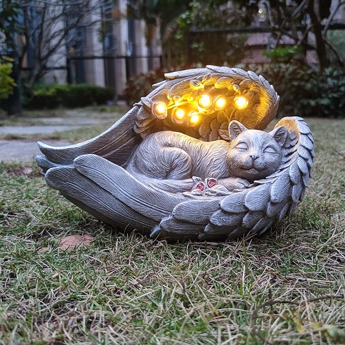 Solar Cat Garden Statue Decor for Outside, Cat Lover Gifts with Wings and 7 LED Lights for Outdoor,Sol Garden and Patio Decor for Yard, Unique Birthday House Warming Gifts for Mom