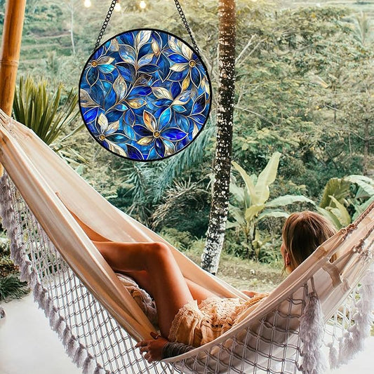 Stained Glass Window Hanging - Blue Gold Abstract Flowers Suncatcher for Door Terrace Garden Home Decor, Plant Sun Catcher Birthday Gifts for Lovers Women Men Dad Mom Nana 6.3 in
