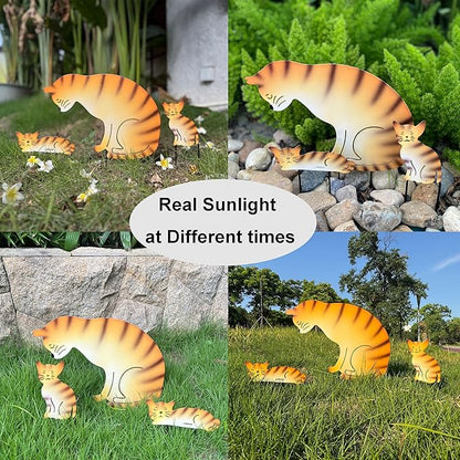 Metal Cat Family 3 Pack Garden Statues, Outdoor Decorative Silhouette Stakes for Yard and Patio Lawn Ornaments - Animal Sculpture Art (Orange)