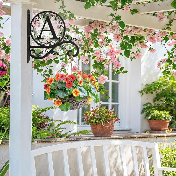 Personalized Initial Metal Plant Hanger Bracket, Decorative Wall Mount Hanging Plant Hook, Monogram Floral Leaf Garden Stake for Hanging Baskets Bird Feeders Lanterns Wind Chime (A)