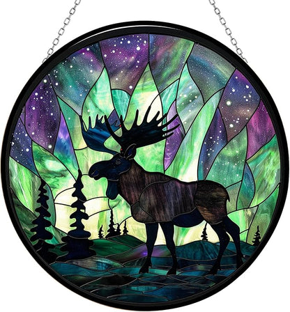 Northern Lights Christmas Moose Stained Glass Sun Catcher with Mountain Stained Glass Window Hanging, Suncatchers, Lavender Wall Decor, for Women/Friends/Lover