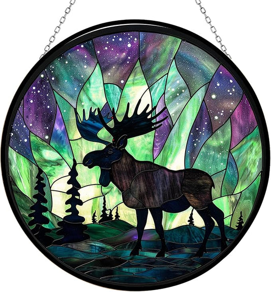 Northern Lights Christmas Moose Stained Glass Sun Catcher with Mountain Stained Glass Window Hanging, Suncatchers, Lavender Wall Decor, for Women/Friends/Lover