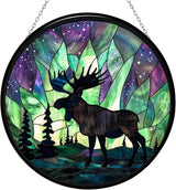 Northern Lights Christmas Moose Stained Glass Sun Catcher, Wall Hanging Colored Decor Room Indoor Window Decor, Halloween, Christmas Hanging Ornament Mother Day