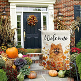 Pomeranian Fall Garden Flag Autumn Dog Yard Sign Orange Floral Thanksgiving Outdoor Banners for Outside 12x18 Double Sided Small Wild Flower Lawn Decorations