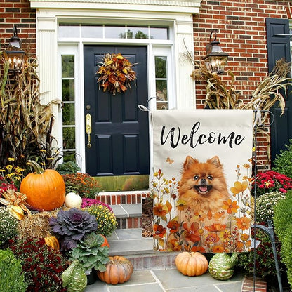 Pomeranian Fall Garden Flag Autumn Dog Yard Sign Orange Floral Thanksgiving Outdoor Banners for Outside 12x18 Double Sided Small Wild Flower Lawn Decorations