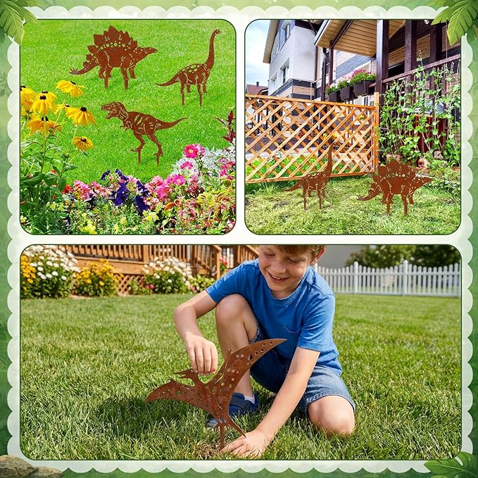6 Pcs Rusty Dinosaur Garden Statues Decor Metal Porch Dinosaurs Stake Outdoor Lawn Decor Decorative Dinosaur Lovers Gift Real Rust Yard Sign for Yard Patio Garden Pathway Courtyard