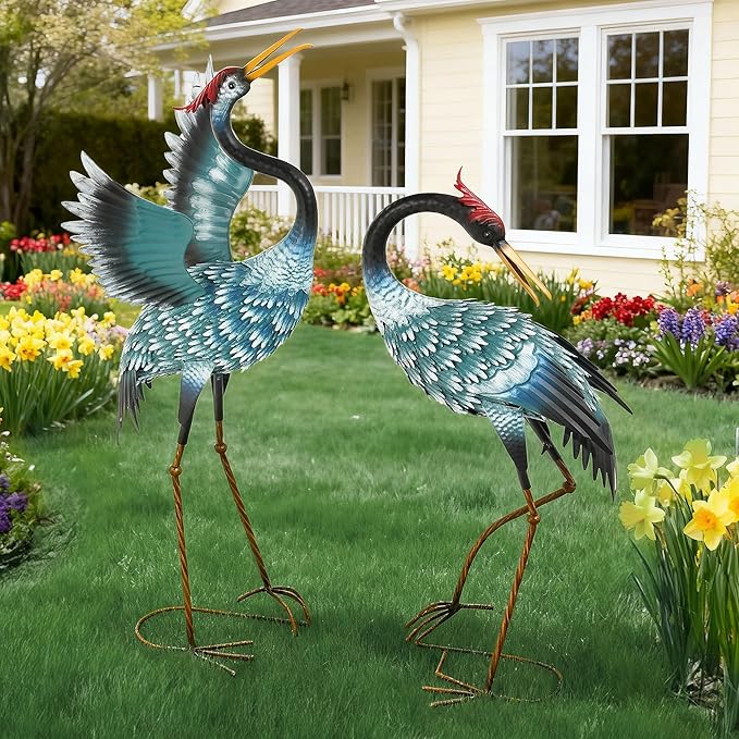 Extra-Large Crane Statue, 36.8" Handcrafted Metal Blue Heron Decor Sculptures with Stable U-Ground Stakes, Backyard Decoration, Metal Garden Bird Animal Yard Art, Lawn Ornament Decor