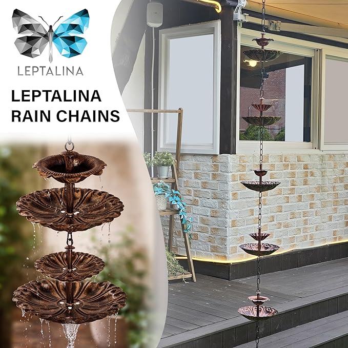 Fountain Rain Chain for Gutters – Large & Small Cup Designed Rain Chains, Customizable DIY Layout, Rust-Resistant Coated Metal Downspout Alternative for Garden, Patio & Outdoor Décor (8.5 FT)