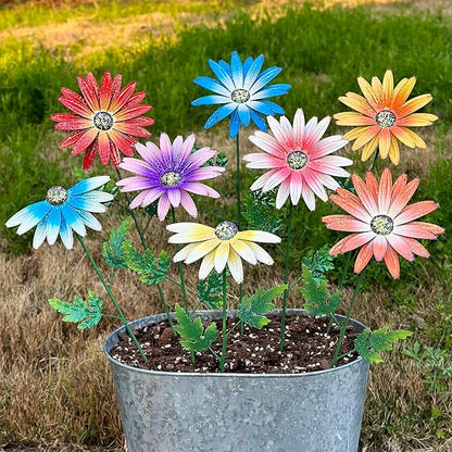 Metal Flowers for Outside, 8 Pack Decorative Garden Stakes with Spring Design, 16.5 Inch Handmade Iron Outdoor Metal Garden Decor, Flickering Daisy Yard Art for Patio Lawn