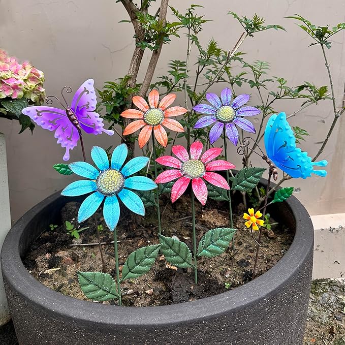 6Pack Metal Flowers for Outside，16.15 Inch Metal Flowers&Colorful Butterfly Decorative Garden Stakes for Spring Decor, Shaking Head Yard Art Garden Decorations for Outdoor Lawn Porch Pathway