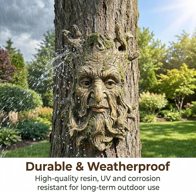 Whimsical Tree Face Garden Statues Outdoor Decor – Funny Old Man Tree Hugger Wall Sculpture with Moss, Fairy Art Fence Hanging Resin Ornament, Outdoor Wall Mounted Sculpture for Patio Lawn & Home