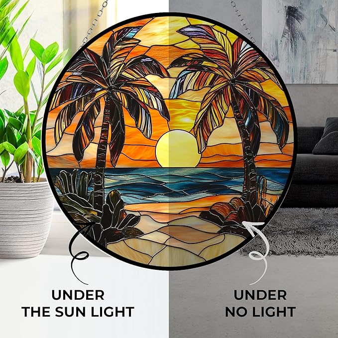 Palm Trees Stained Glass Window Hanging,Hummingbird Sun Catchers Indoor Window Decor, Stained Glass Suncatcher Gifts for Women, Christmas