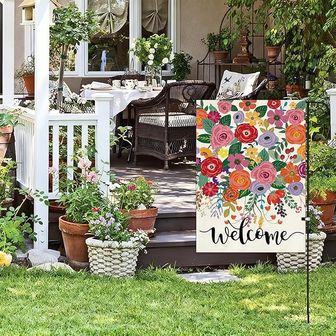 Baccessor Spring Summer Welcome Garden Flag Double Sided 12.5 x 18 Inch Burlap with Clip and Stopper,Floral Flowers Flag Seasonal Farmhouse Front Yard Lawn Outside Outdoor Decoration