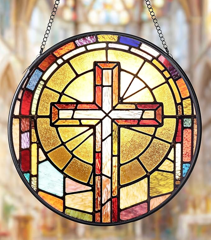 Stained Glass Suncatcher, 7.9 Inch Stained Glass Window Hanging Faith Cross Sun Catcher, Window Hanging Ornament Garden Decor Modern Farmhouse Decoration Catholic Gifts Religious Gifts