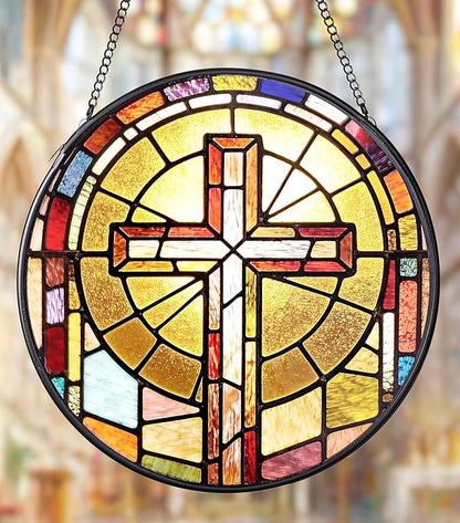 Stained Glass Suncatcher, 7.9 Inch Stained Glass Window Hanging Faith Cross Sun Catcher, Window Hanging Ornament Garden Decor Modern Farmhouse Decoration Catholic Gifts Religious Gifts