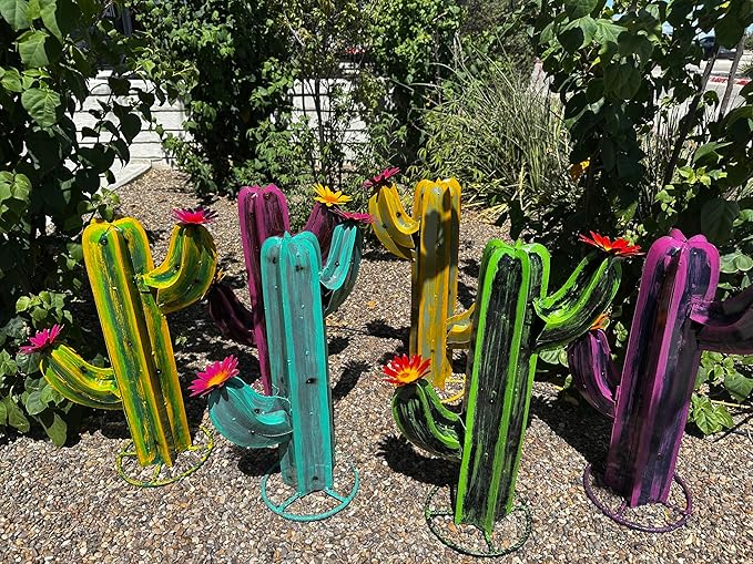 Colorful Metal Saguaro Cactus with Flowers - Handmade Garden Decor (Green)