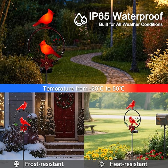 Cardinal Garden Decor Red Cardinal Figurine Solar Lights Garden Stake Outdoor Decor, Christmas Yard Decorations for Patio Porch Pathway Lawn Ornaments, Cemetery Solar Light Red Bird Gift