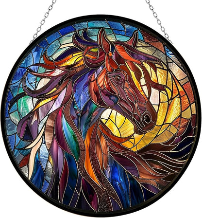 Horse Stained Glass Window Hanging, Colorful Horse Sun Catchers Glass Panel Blue Suncatcher Decor for Birthday for Women, Men, Wife, Aunt, and Mom 7.8 in