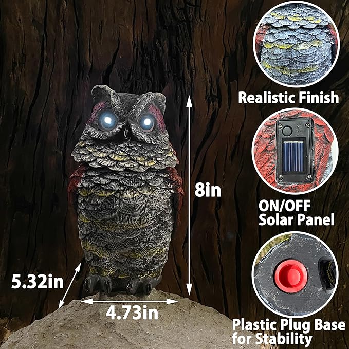 Owls to Keep Birds Away, Solar Owl Decoys to Scare Birds Away, Small Fake Owl for Bird Control, Resin Owls Outdoor Decor with Rotating Head and Lighted Eyes, Animal Deterrent for Outside, Garden