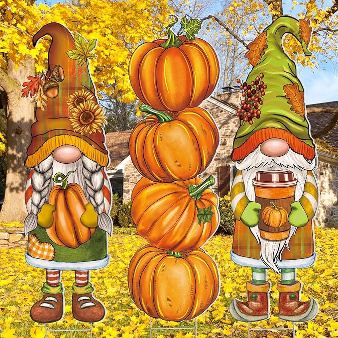 Umigy 3 Pcs Thanksgiving Gnome Yard Decor Cute Fall Autumn Gnome Yard Sign with Stakes 32 x 10 Inch Outdoor Lawn Decor, Outside Thanksgiving Garden Decoration for Home Pathway Walkway