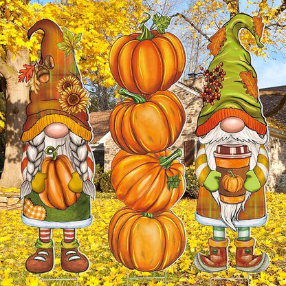 Umigy 3 Pcs Thanksgiving Gnome Yard Decor Cute Fall Autumn Gnome Yard Sign with Stakes 32 x 10 Inch Outdoor Lawn Decor, Outside Thanksgiving Garden Decoration for Home Pathway Walkway