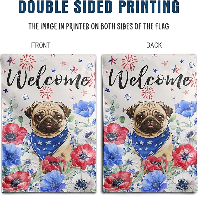 4th of July Pug Garden Flag Red White Blue Floral Dog Yard Flags Small Memorial Independence Day Banner 12x18 Double Sided for Outside Outdoor Patriotic Decor
