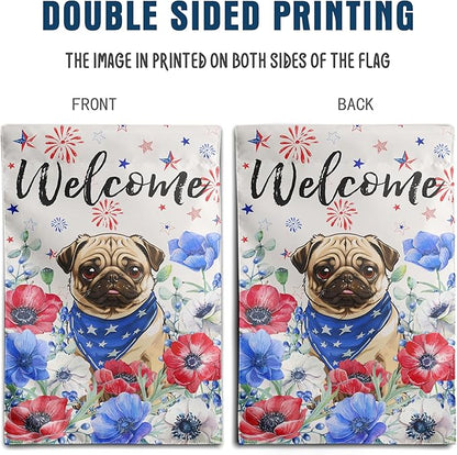 4th of July Pug Garden Flag Red White Blue Floral Dog Yard Flags Small Memorial Independence Day Banner 12x18 Double Sided for Outside Outdoor Patriotic Decor