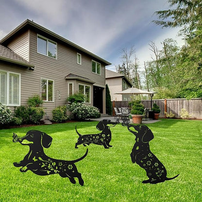 Romart Dachshund Decorative Garden Stakes, 3 Pcs Wiener Dog Gifts Metal Garden Stakes for Women Men, Dachshund Butterfly Flower Outdoor Yard Art Lawn Decor