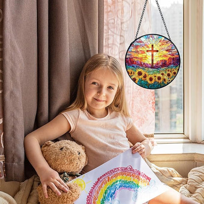 Christian Gifts for Women, Easter Christian Cross Sunflower Suncatcher Stained Glass Window Hanging, Cross Flower Sun Catchers Indoor Window Glass Wall Art Decor, 7.9x7.9 Inch