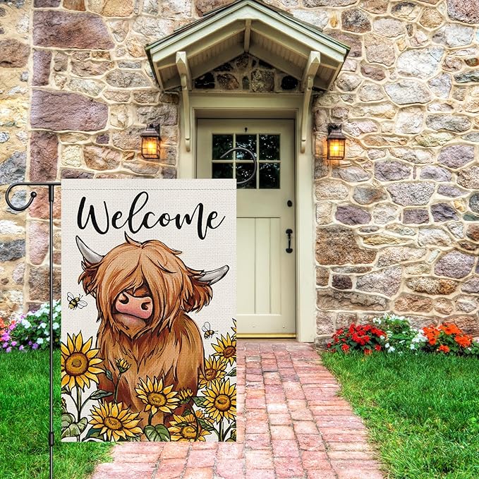 Heyfibro Welcome Spring Summer Highland Cow Garden Flag 12x18 Inch Double Sided Burlap, Farmhouse Sunflower Yard Flags for Seasonal Outside Outdoor Decoration (ONLY FLAG)