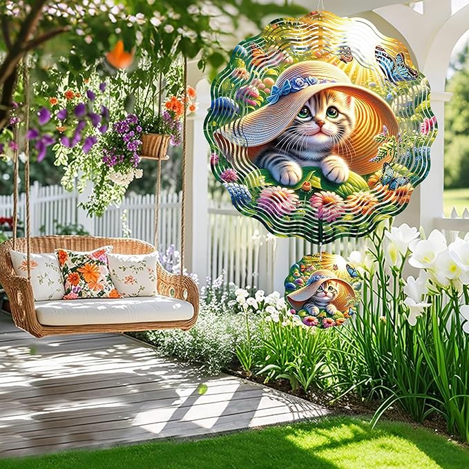 Wind Spinner Hanging Outdoor Decor, 12 Inch 3D Cute Cat Metal Kinetic Wind Spinners for Garden Yard Patio, Stainless Steel Laser Cut Art Gifts for Women Cat Lovers Outdoor Decorations