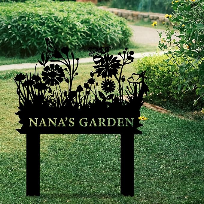 Personalized Butterfly and Bee Metal Garden Stake Sign, Custom Flower Themed Garden Metal Stake, Customized Garden Signs Decorative Outdoor, Farmhouse Yard Art, Flower Bed Decor, Gift for Gardener
