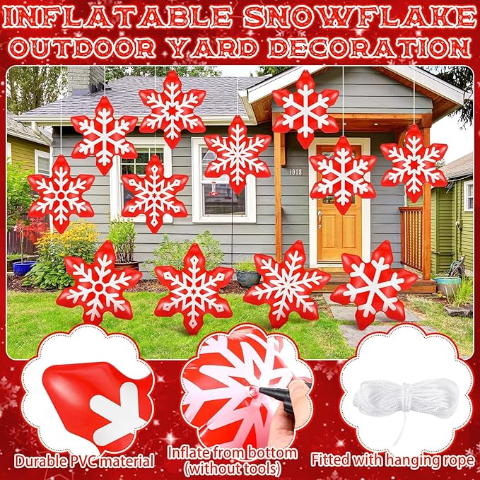 12 Pieces Winter Inflatable Snowflake Outdoor Decorations Blow up Winter Red Inflatable Hanging PVC Waterproof Snowball Outdoor Ornaments Decorations for Party Decor Yard Garden Lawn
