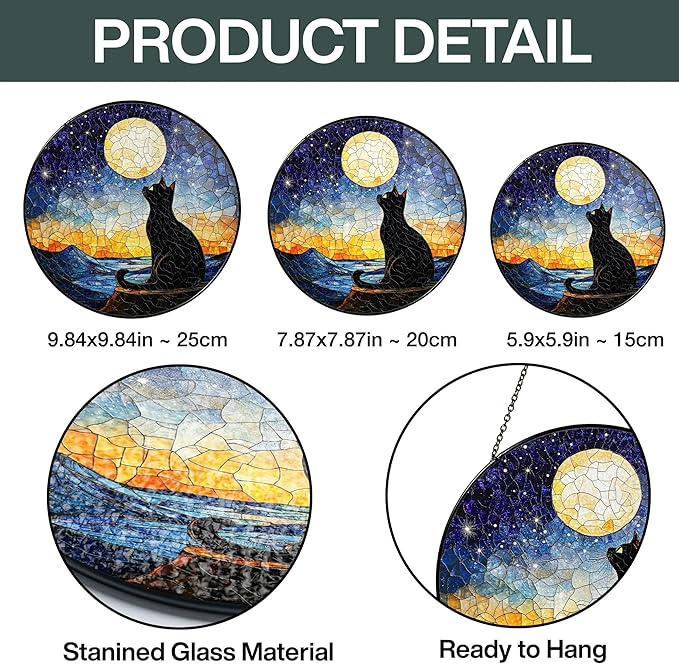 Black Cat Starry Night Stained Glass Suncatcher Window Hanging Decor for Garden, Cat Suncatcher Window Panel Gifts for Cats Lovers, Memorial Gifts for Pet Loss Sympathy Gift for Outdoor Decorations
