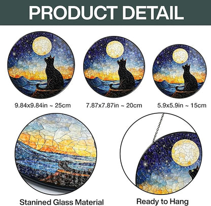 Black Cat Starry Night Stained Glass Suncatcher Window Hanging Decor for Garden, Cat Suncatcher Window Panel Gifts for Cats Lovers, Memorial Gifts for Pet Loss Sympathy Gift for Outdoor Decorations