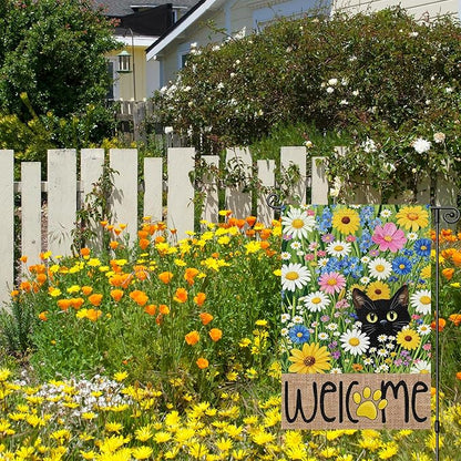 Louise Maelys Spring Summer Garden Flag Floral Daisy Black Cat Double Sided 12x18 Inch Seasonal Welcome Small Burlap Holiday Yard Sign Outdoor Outside Home Decoration