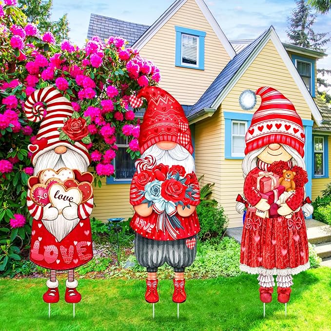 Umigy 3 Pcs Valentine's Day Yard Sign Gnome Outdoor Decorations with Stakes Valentine Red Heart Rose Gnome Lawn Sign Sweet Yard Decor Lawn Decor for Home Wedding Anniversary Pathway Walkway