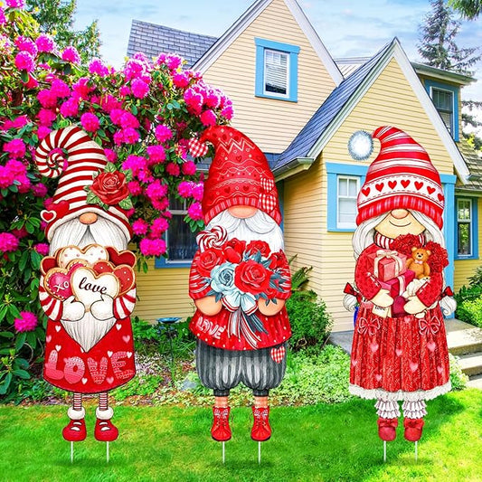 Umigy 3 Pcs Valentine's Day Yard Sign Gnome Outdoor Decorations with Stakes Valentine Red Heart Rose Gnome Lawn Sign Sweet Yard Decor Lawn Decor for Home Wedding Anniversary Pathway Walkway