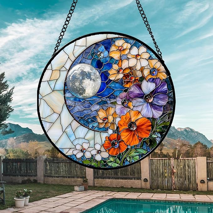 Stained Glass Window Hanging - Blue White Moon Suncatcher for Door Terrace Garden Home Decor Colorful Flowers Sun Catcher Birthday Gifts for Lovers Women Men Dad Mom Nana 15 in