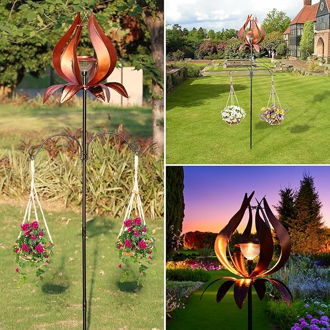 Solar Wind Spinner Outdoor Metal 83 Inch Windmill for Yard Garden Patio Decor Christmas Metal Yard Art Garden Easter Outdoor Decors Large Landscape Light with Shepherd Hooks Coconut Baskets