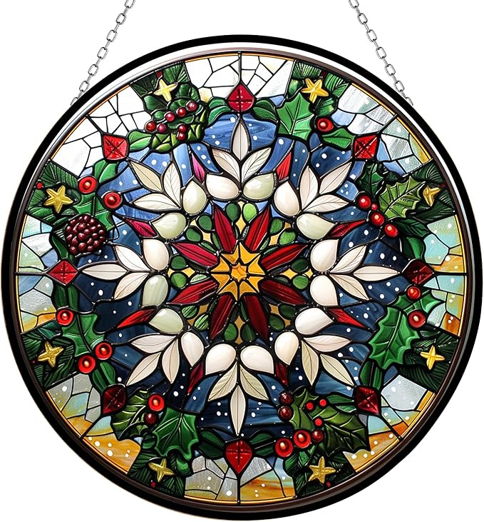 Snowflake Christmas Suncatcher Stained Glass Window Hanging Handmade Stained Glass Suncatchers Metal Chain Outdoor Garden Decor Gift for Women Christmas Thanksgiving