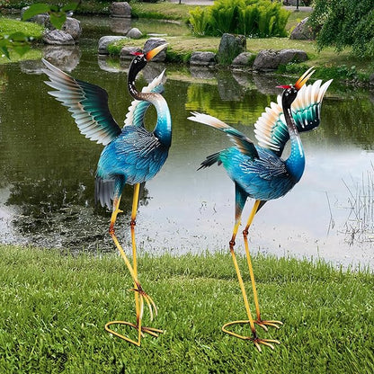 Garden Statues Large Metal Crane Sculptures, Outdoor Heron Metal Statue Yard Art for Garden Decor, Realistic Bird Art for Outdoor Decor, Standing Lifelike, Water&Rust-Proof, Set of 2 Sky Blue