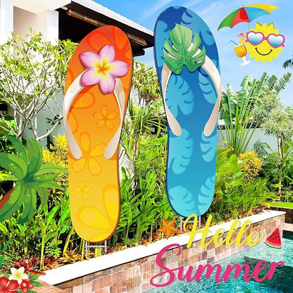 2 Pcs Summer Yard Signs Outdoor Lawn Decoration Summer Slippers Waterproof Courtyard Yard Decorations with Stake Garden Lawn Party Courtyard Decoration
